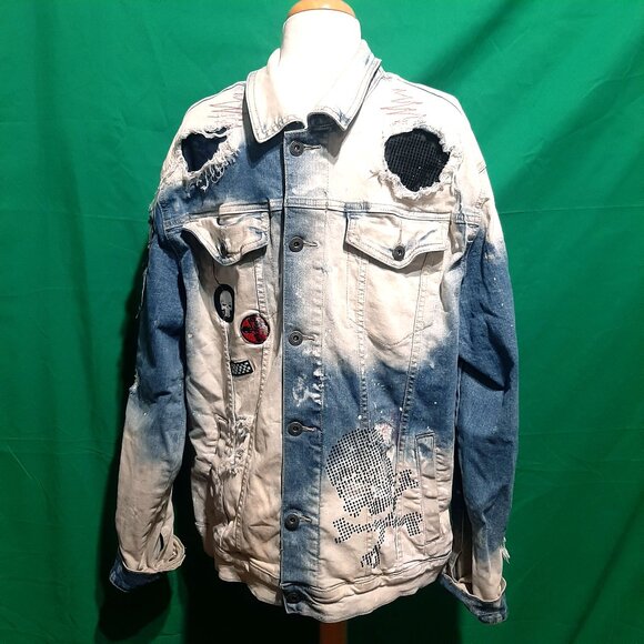 Smoke Rise DNM Co Men’s Denim Jacket XL Stone Wash Distressed Patches Slim Fit - Picture 3 of 11